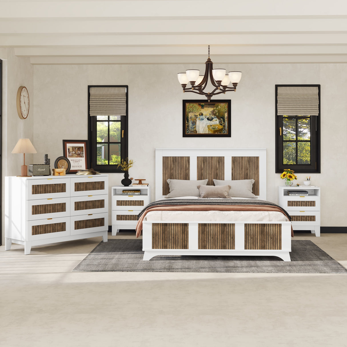 4-Pieces Bedroom Sets, Queen Size Farmhouse Platform Bed with Storage