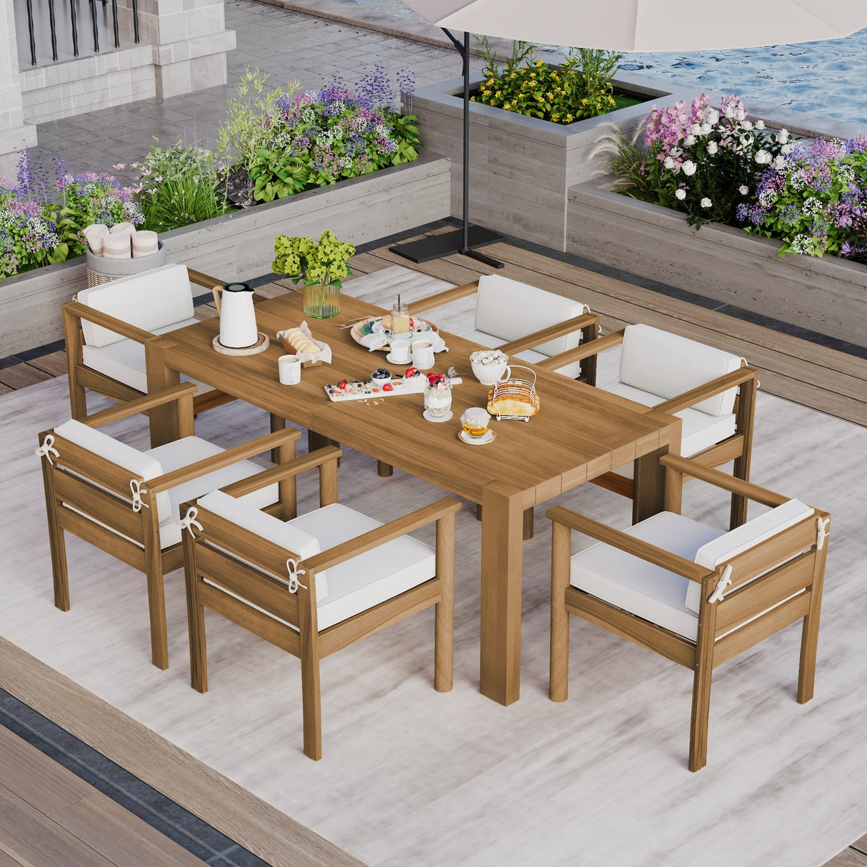 TREXM 7-Piece Patio Dining Table Set for 6,Outdoor Furniture Sets with 72.8'Rectangle Table,Patio Table and Chairs Set with Removable Cushions for Backyard,Garden,Poolside(Light Teak+Beige Cushion)