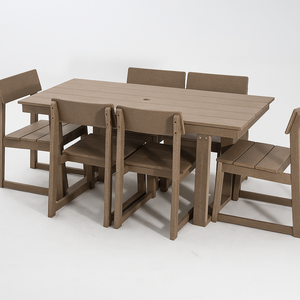 7-Piece HDPE Outdoor Dining Set for 6 – Weather-Resistant Patio Table with Umbrella Hole and 6 Armless Chairs (Antique Dark Oak)