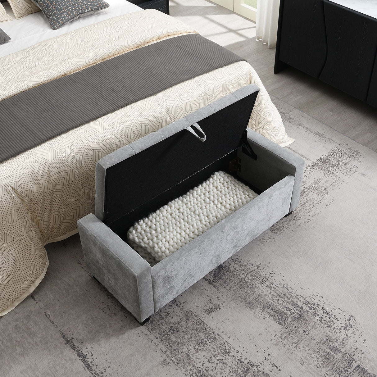 Upholstered Storage Ottoman Bench With Button Tufting And Safety Hinge