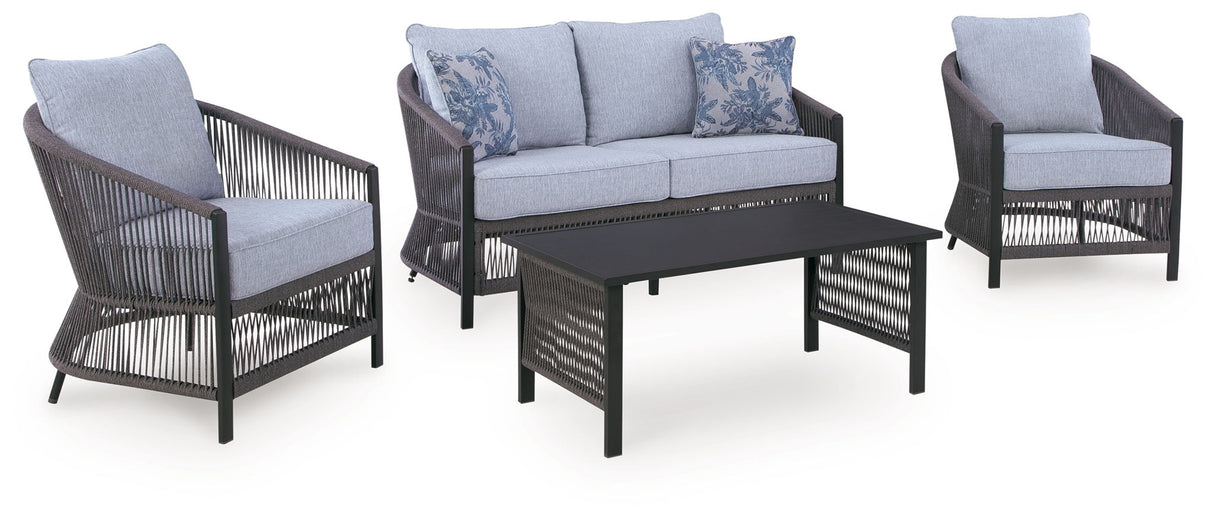 Bridges Beach - Loveseat, Lounge Chairs, Table Set (Set of 4) - Gray