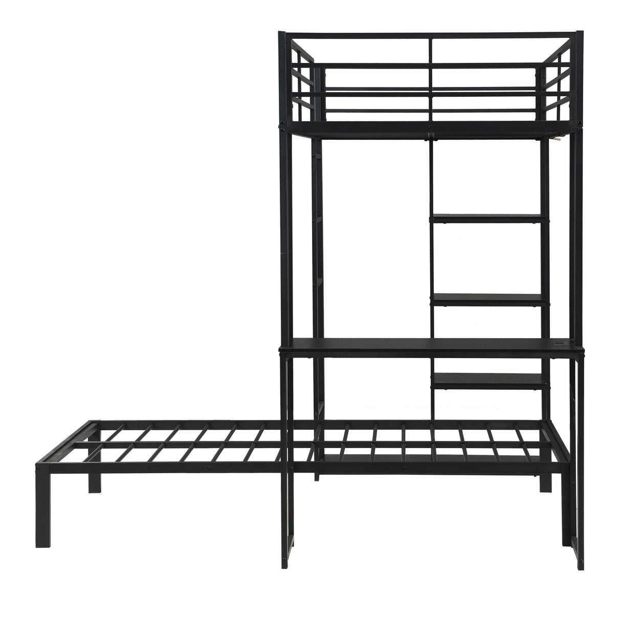 Metal Loft Bed Frame with LED Light Strip, Side Storage Shelves & Built-in Desk