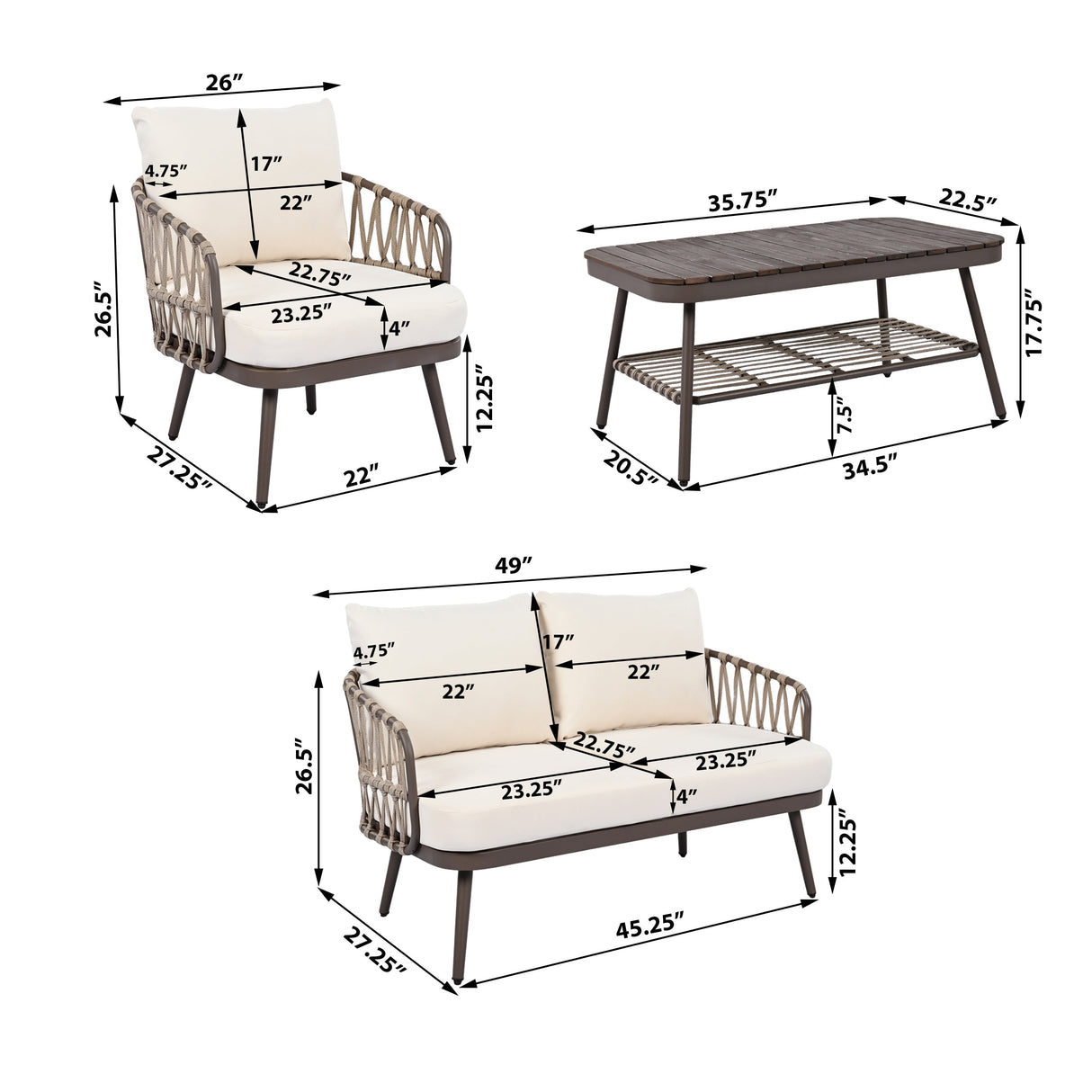 4-Piece Outdoor Patio Furniture Set with Metal Frame and Woven Rope