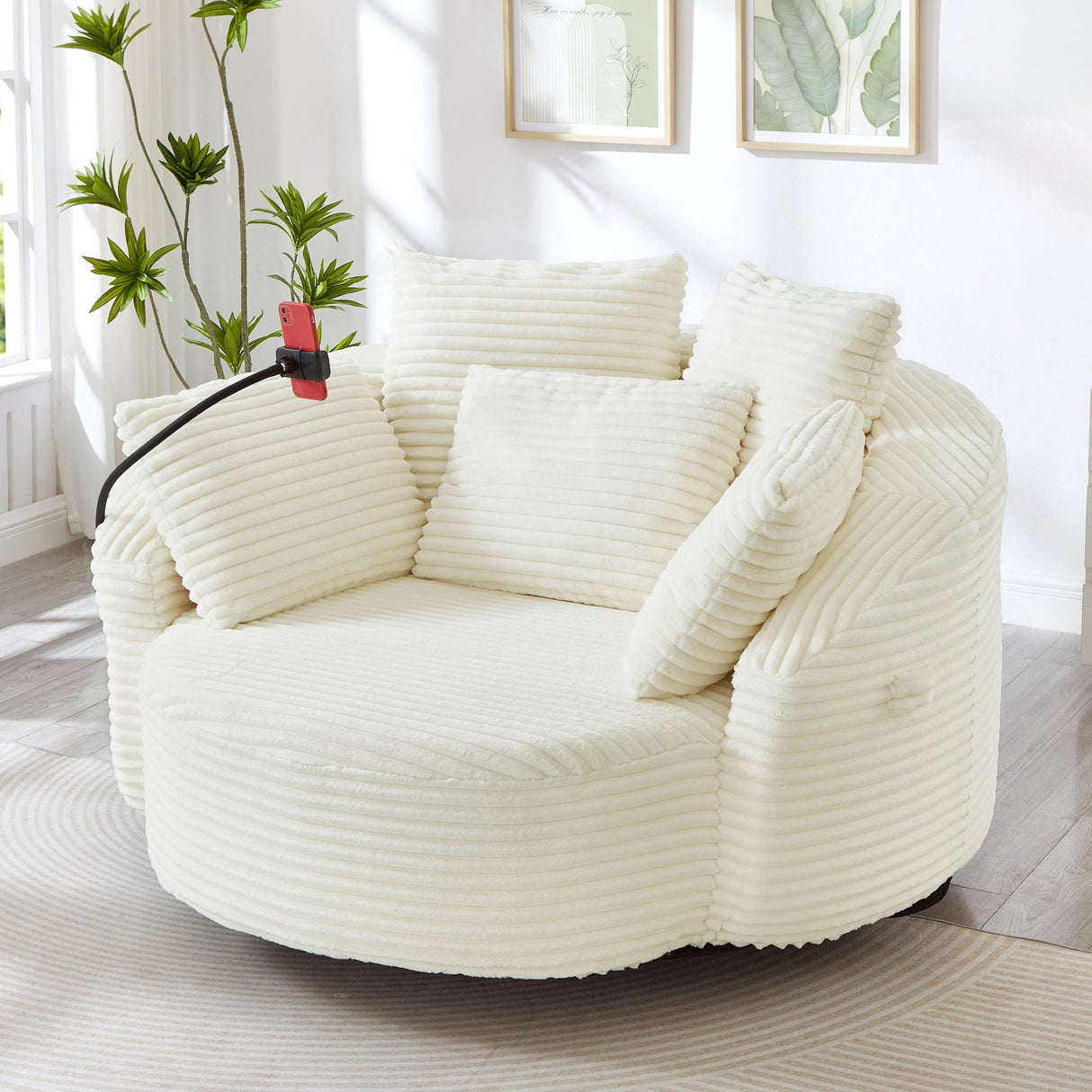 Swivel Accent Barrel Chair With Adjustable Phone Holder, 5 Pillows For Living Room