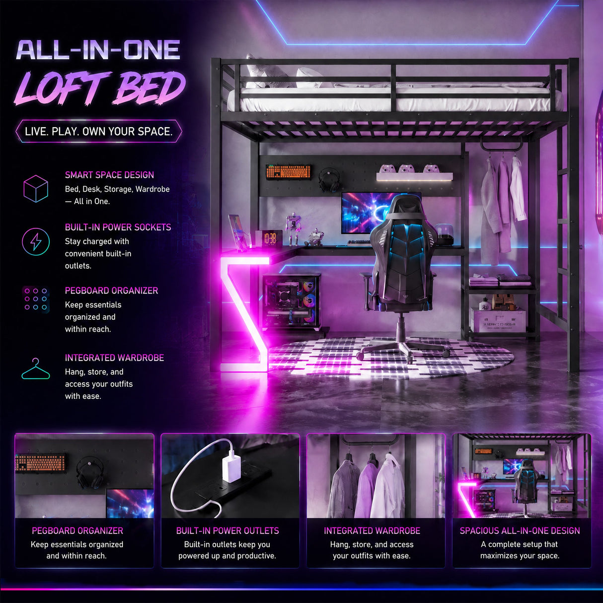 Queen Loft Bed with L-shaped Desk and USB Ports