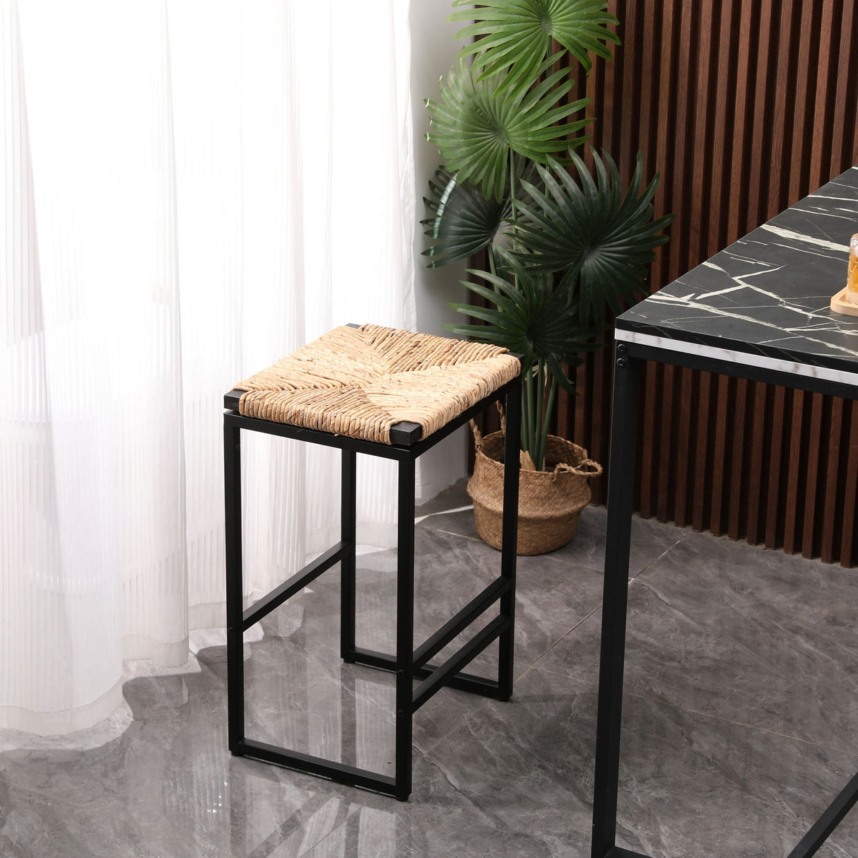 25" Height Backless Water Hyacinth Woven Bar Stools With Footrest (Set of 2) - Natural