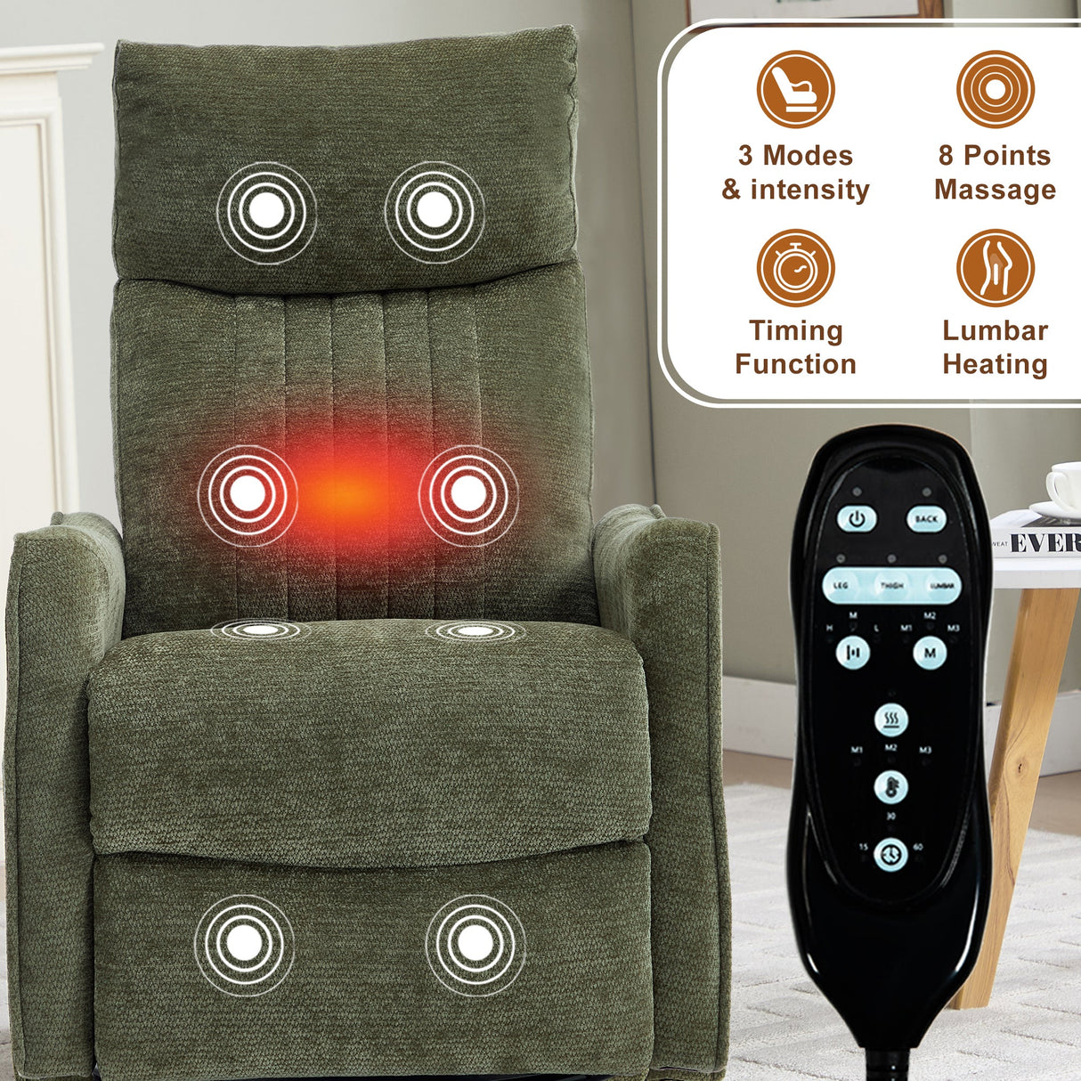 Green Heat Massage Manual Recliner Chair with Rocker and Swivel