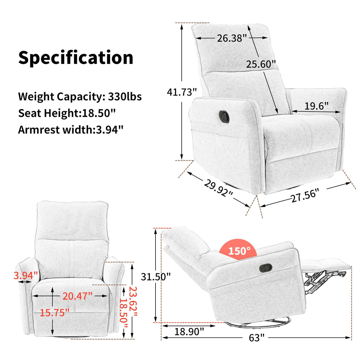 360° Modern Small Rocking Swivel Recliner Chair With Side Pocket