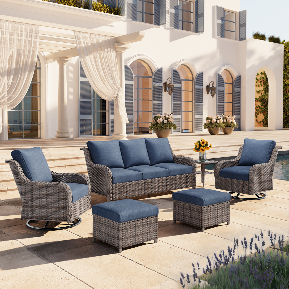JB Outdoor 3-Seater Sofa Set with Swivel Chairs and Side Table
