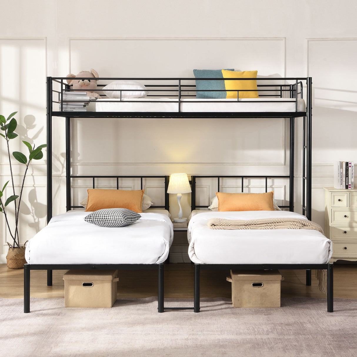 Twin Over Twin Over Twin Triple Bunk Bed With Safety Rails And Storage Shelf - Black