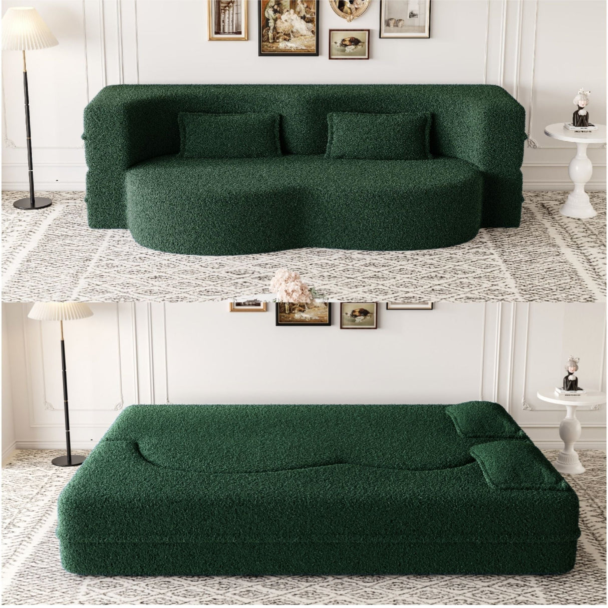 Modern Floor Sofa with 2 Pillows, Convertible Teddy Fabric Foam Filled Bed
