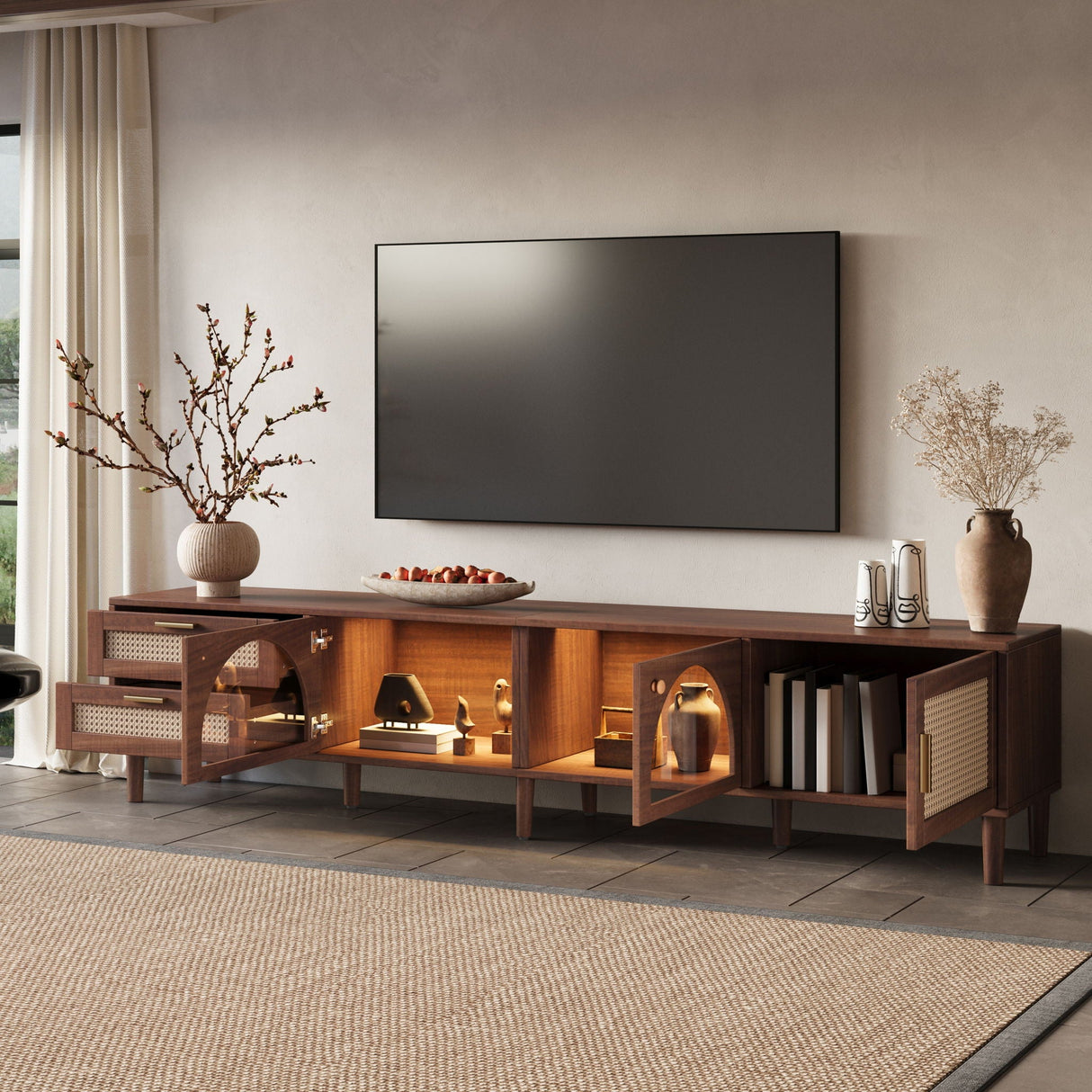TV Stand With App-Controlled LED Lights, 2 Drawers & Door Storage