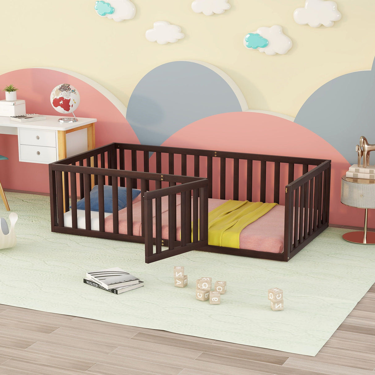 Twin Size Floor Bed Frame With Fence And Door - Walnut
