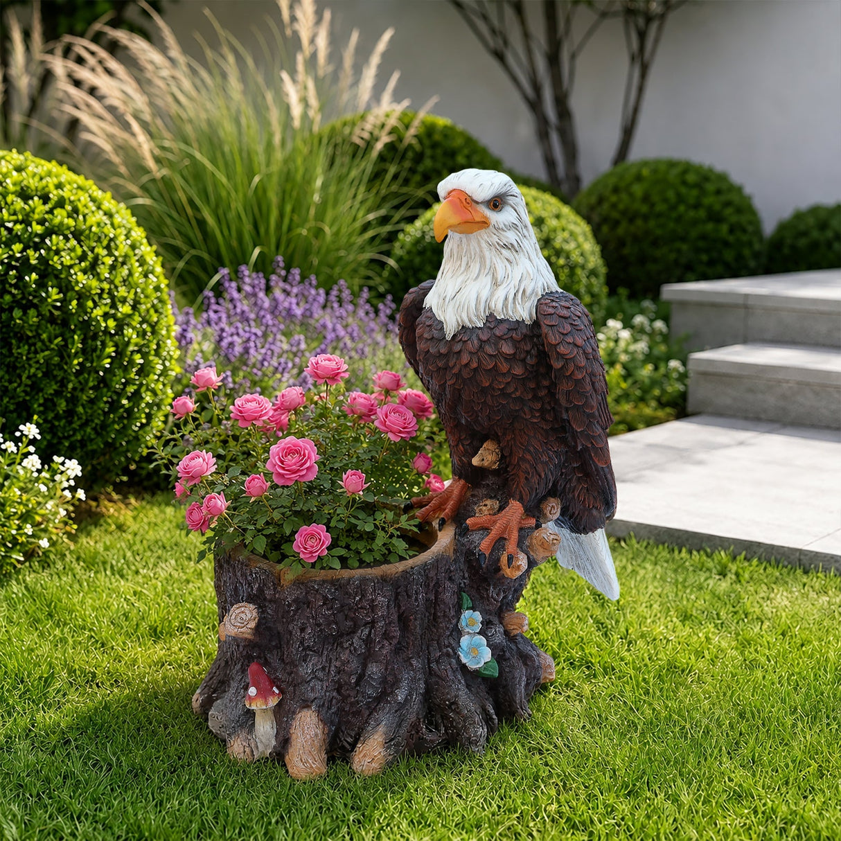 Realistic Standing Eagle Garden Planter on Tree Stump