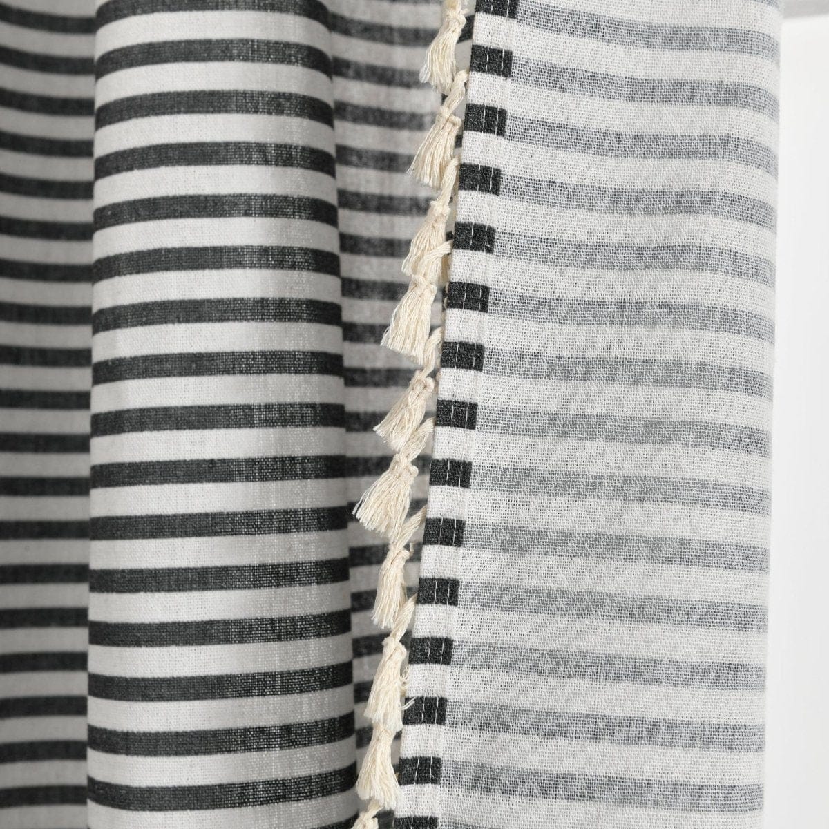 Boho Coastal Horizontal Ticking Stripe Tassel Window Curtain Panel Set