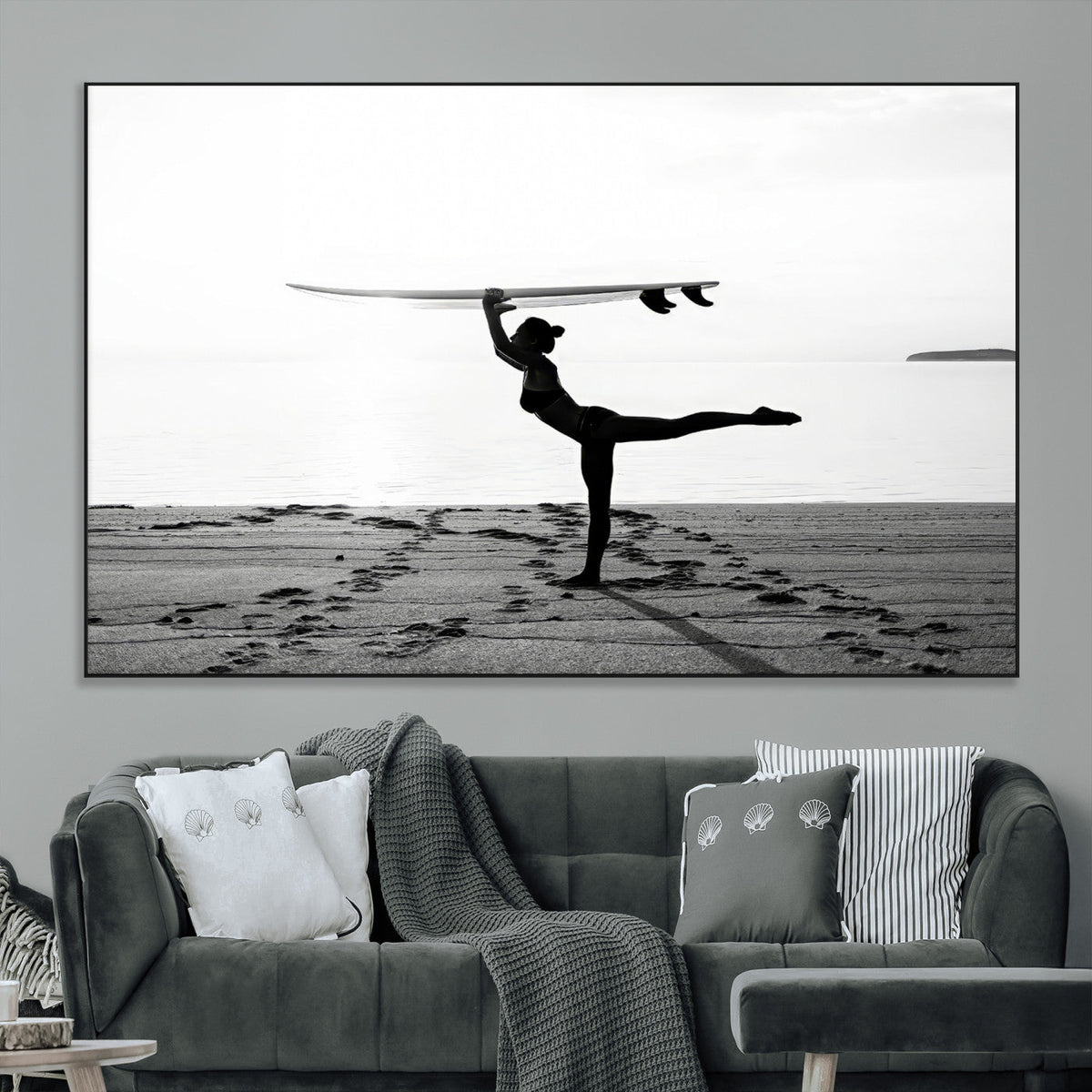Yoga Surf Wall Art Canvas Print – Framed Black White Shore