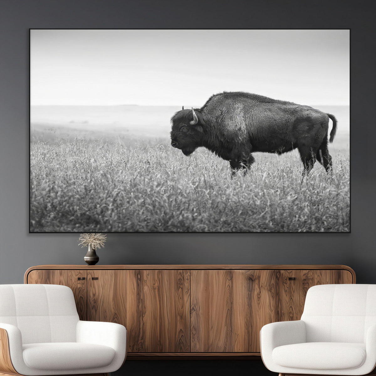 Bison in Prairie Wall Art Canvas Print – Framed Rustic