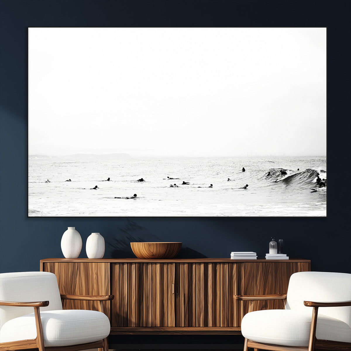 Monochrome Swimming Wall Art Canvas Print – Framed Ocean