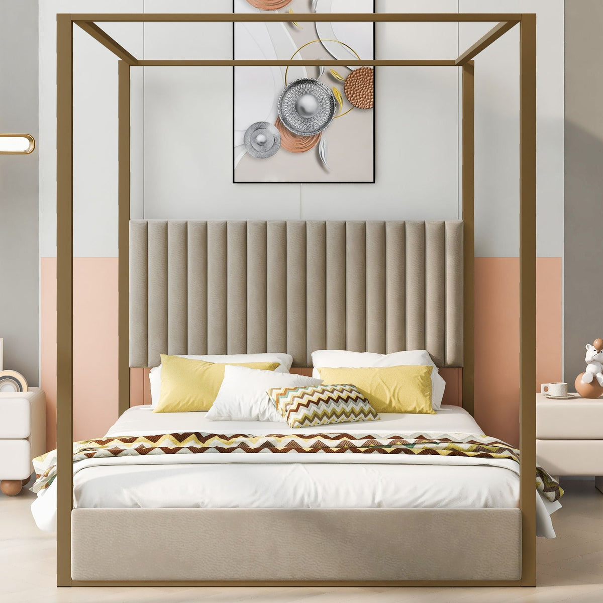 Upholstered Canopy Platform Bed With Frame, Queen Size - Beige