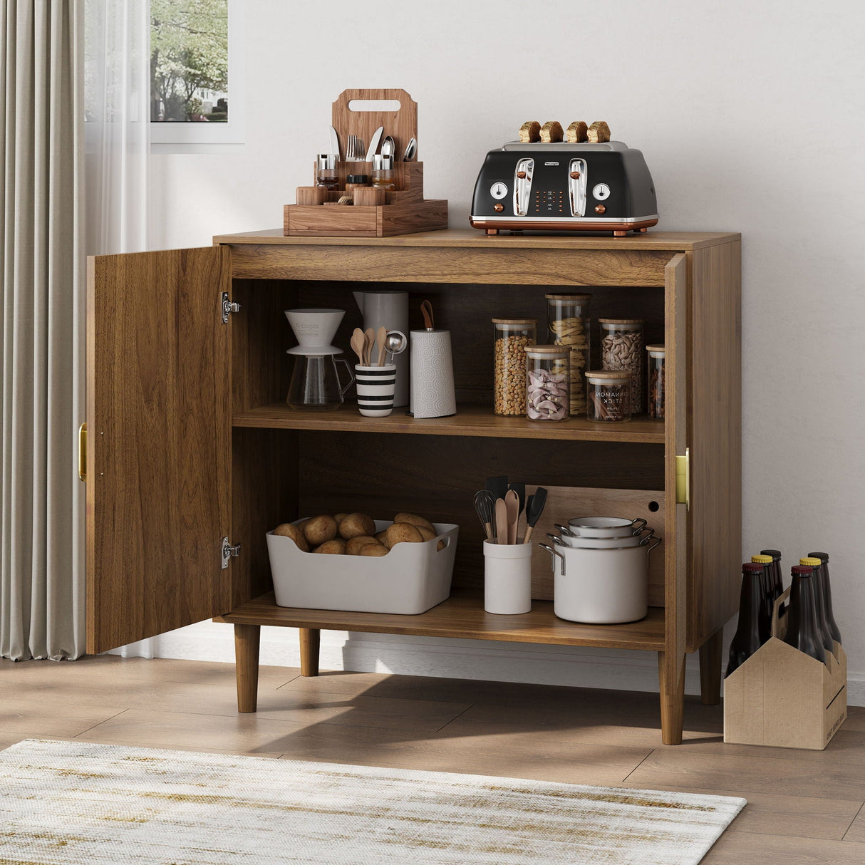 Buffet Cabinet With Line Groove Design, Sideboard Buffet Cabinet With Storage, Multifunctional Accent Cabinet For Living Room, Entryway, Hallway, Office, Kitchen - Brown