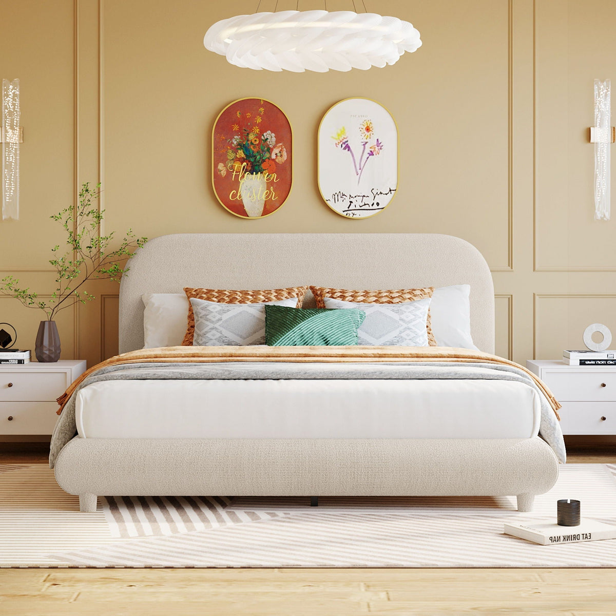 Upholstered Platform Bed With Thick Solid Frame And Stylish Curve-Shaped Design