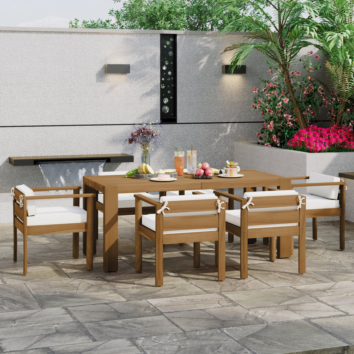 TREXM 7-Piece Patio Dining Table Set for 6,Outdoor Furniture Sets with 72.8'Rectangle Table,Patio Table and Chairs Set with Removable Cushions for Backyard,Garden,Poolside(Light Teak+Beige Cushion)