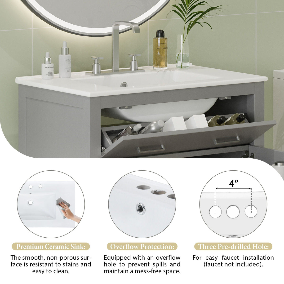 Bathroom Vanity With Ceramic Sink, Modern Single Bathroom Cabinet With 2 Doors And A Shelf, Soft Close Doors