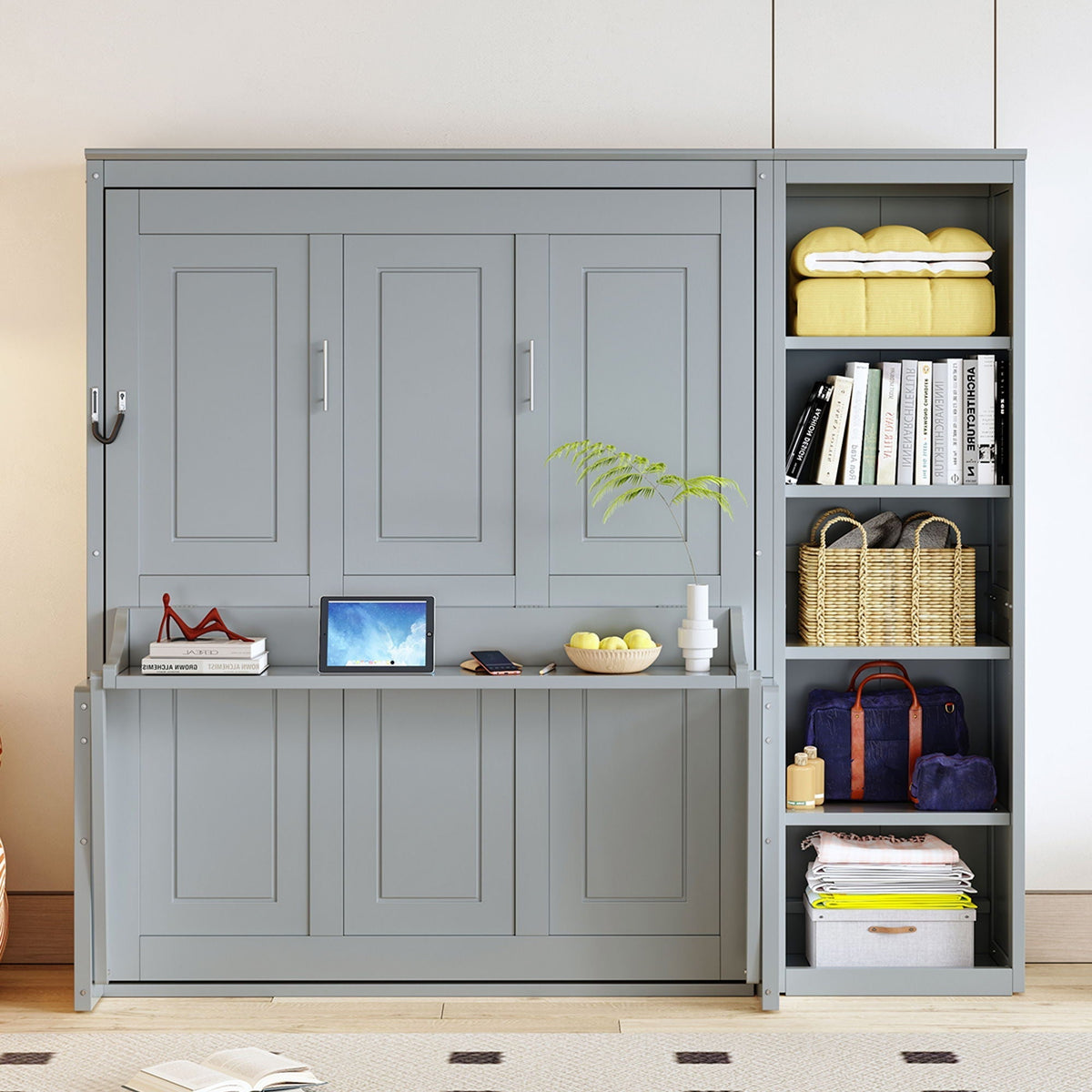 Murphy Bed with Desk and Bookshelf - Solid Pine, Full & Queen Sizes