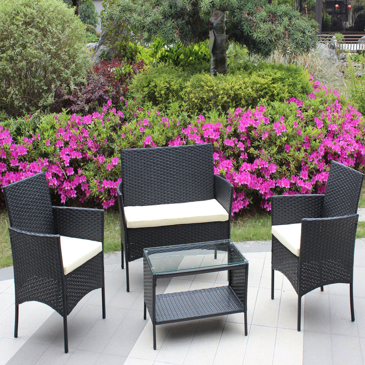 4 PC Rattan Patio Furniture Set Outdoor Cushioned Wicker Sofa