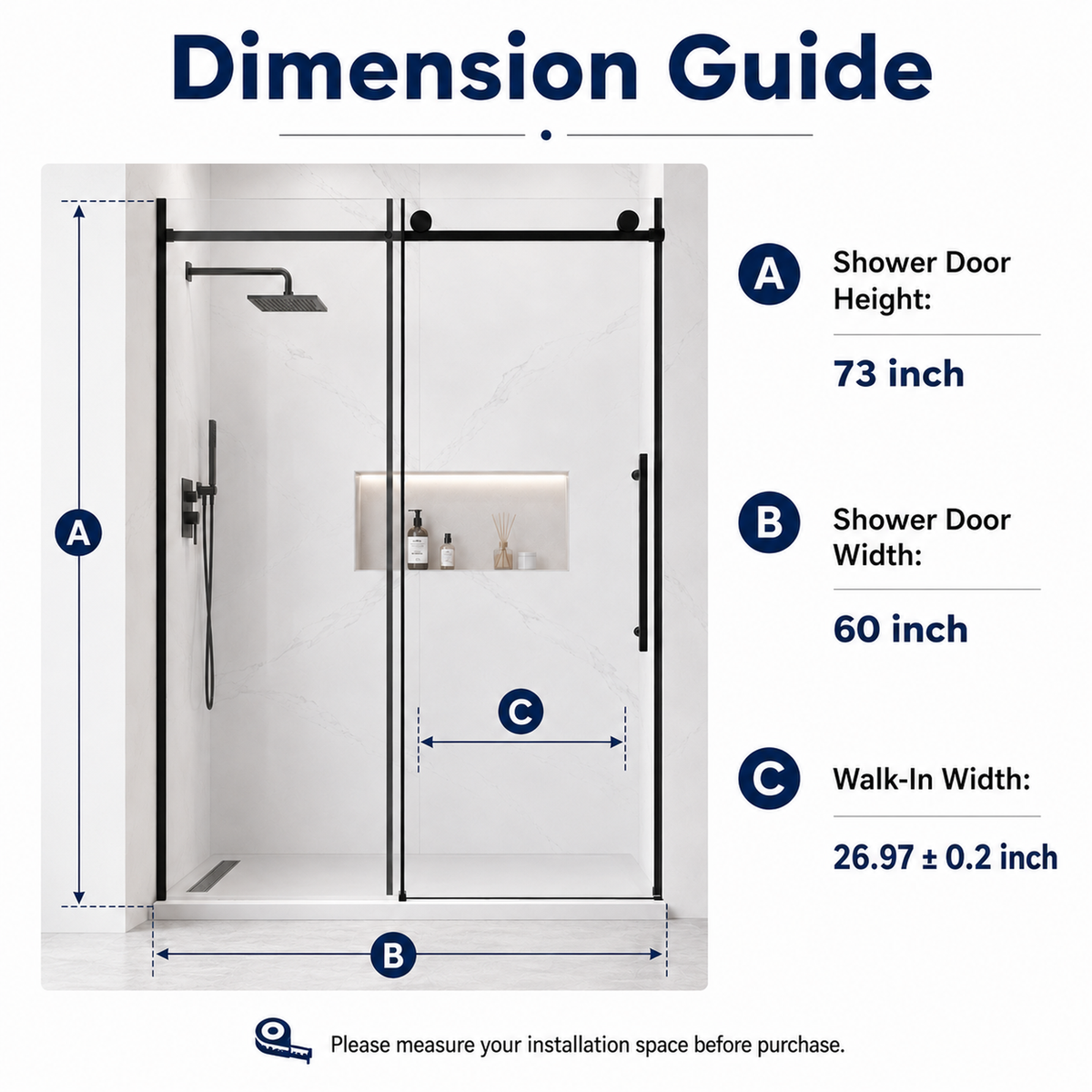 60" W x 73" H Soft Closing Sliding Frameless Shower Doors