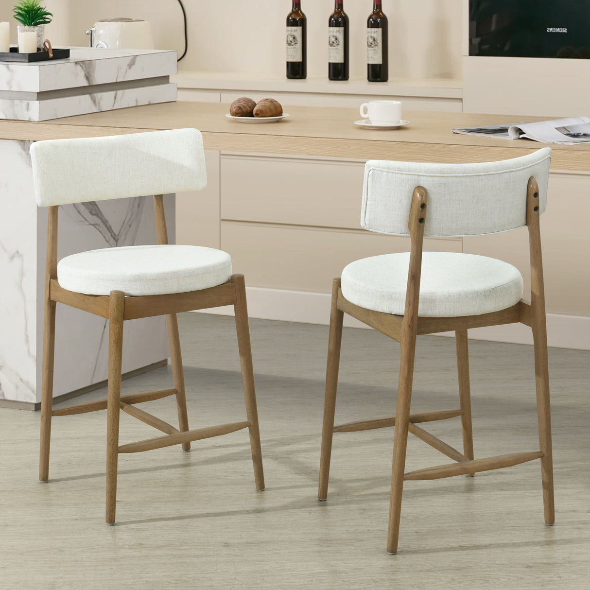 Mid Century Modern Counter Stools, Fabric Upholstered Chairs