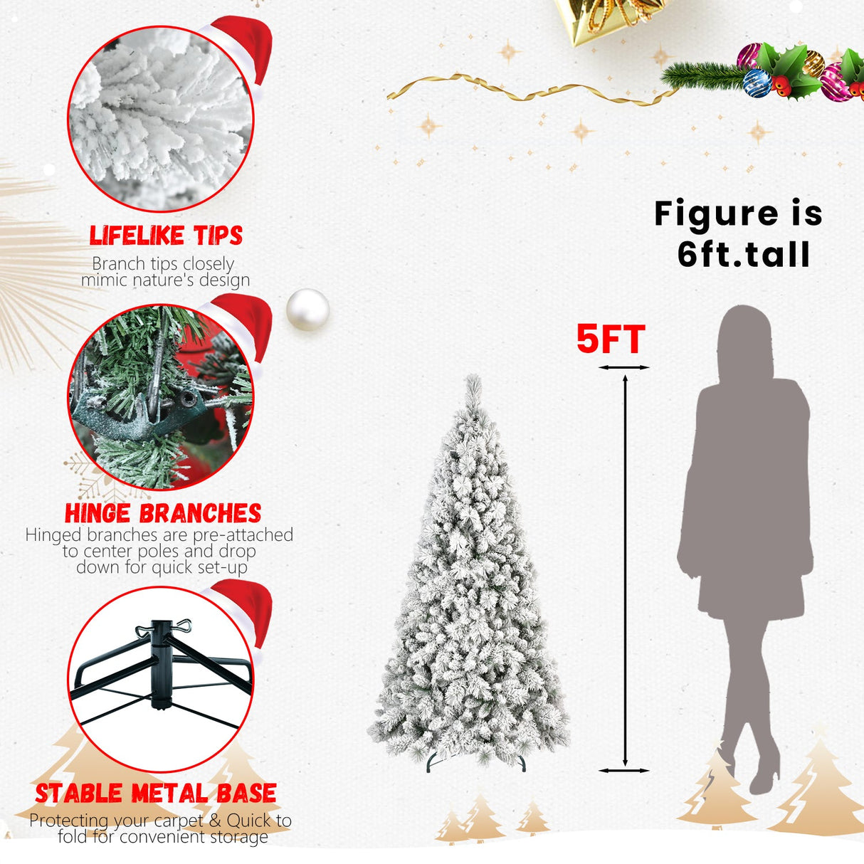 5FT Flocked Christmas Tree with 250 Warm LED Lights