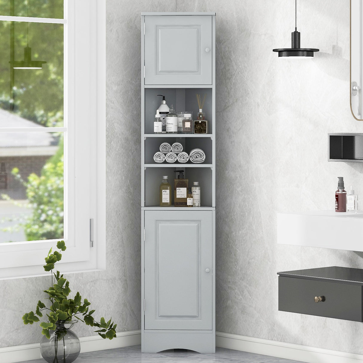 Multi-Functional Corner Cabinet Tall Bathroom Storage Cabinet with Two Doors and Adjustable Shelves, Open Shelf