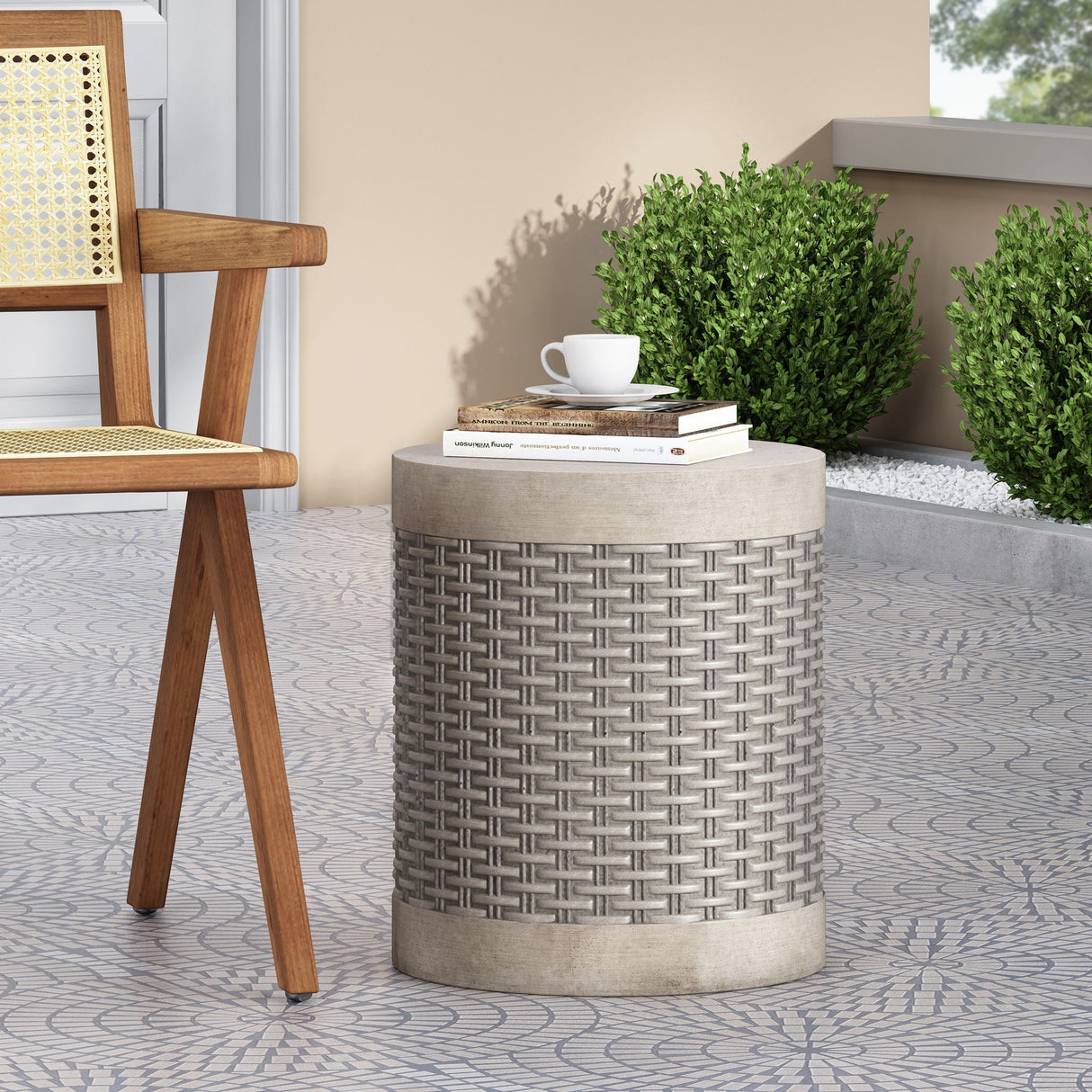 Outdoor Lightweight Round Concrete End Table - Natural
