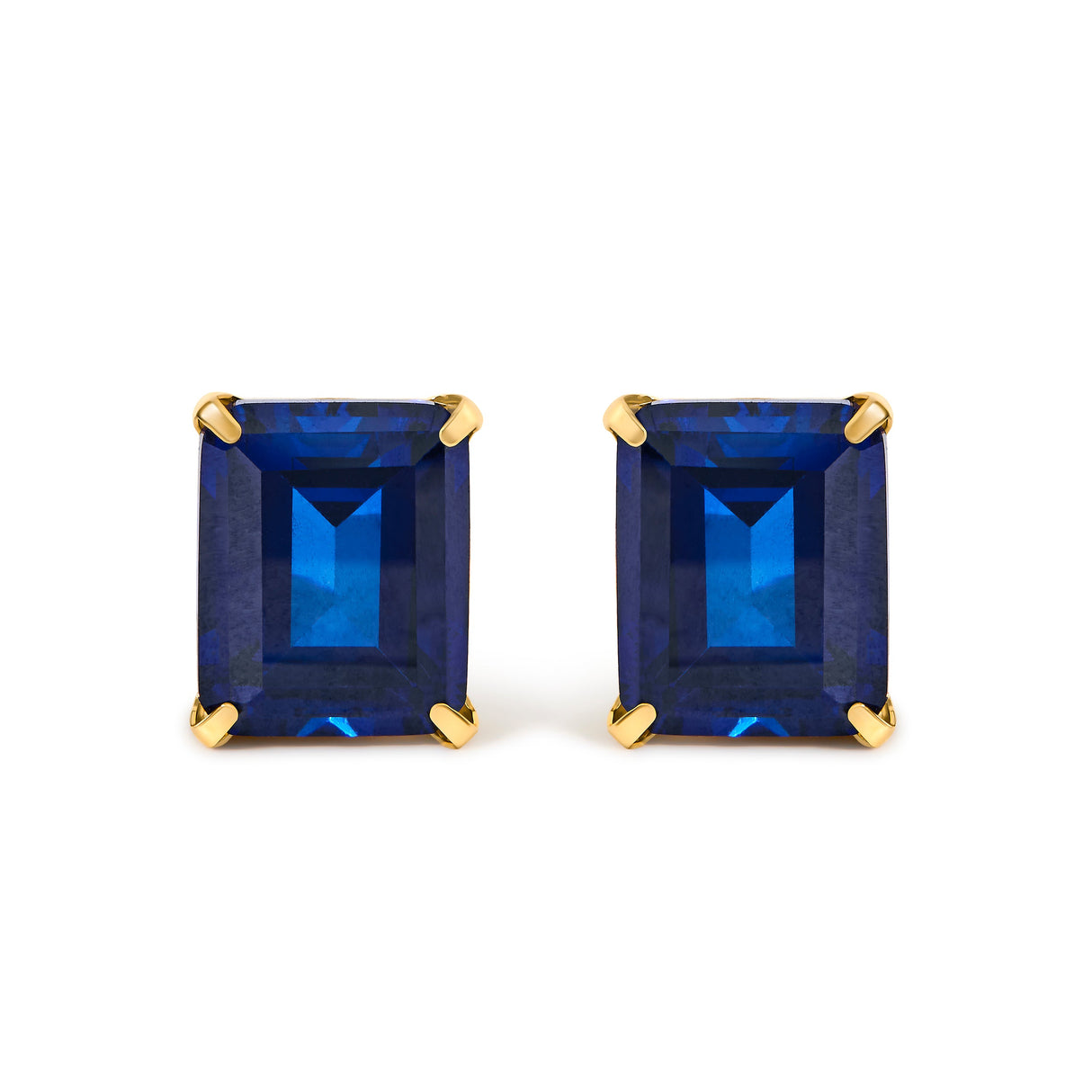 18K Yellow Gold 10x8 MM Lab Created Blue Sapphire Emerald Cut Solitaire Stud Earrings