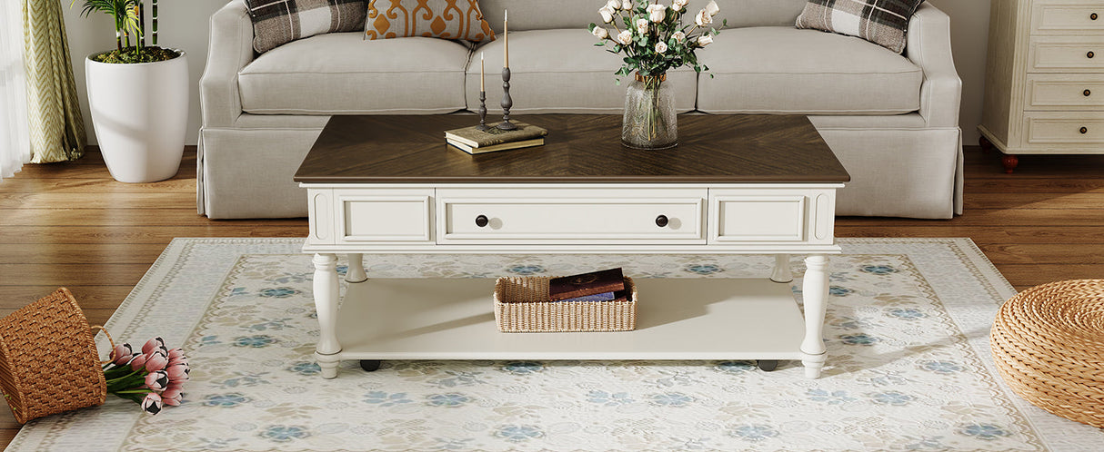 Farmhouse Coffee Table with One DrawerGrey+White