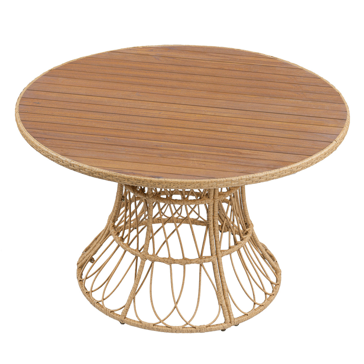 5-Piece Outdoor Dining Set: Teak Finish Round Acacia Wood Table & 4 Teak Finish Wicker Armchairs