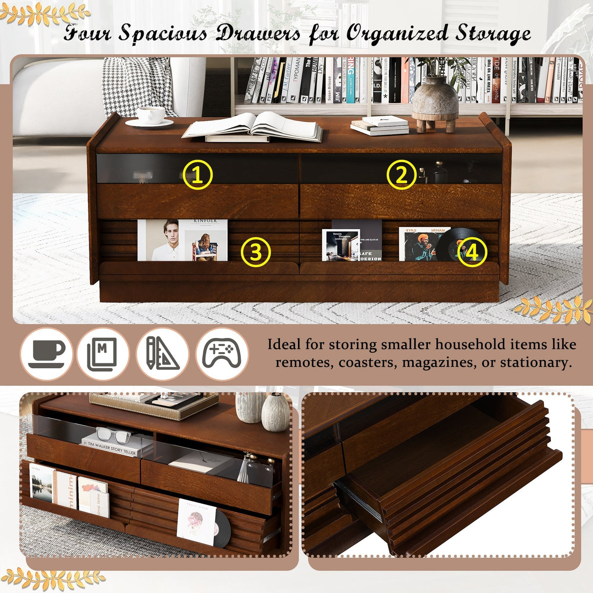 Modern Rectangle Coffee Table with 4 Drawers and 2 Display Shelves
