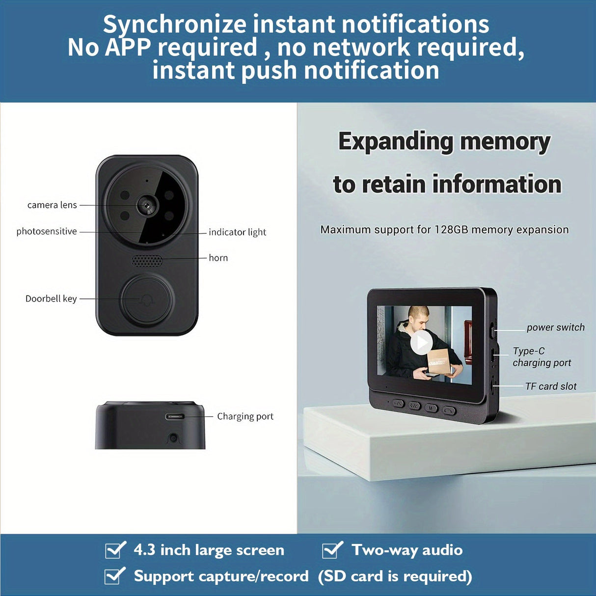 Wireless Video Doorbell with 4.3 Screen, HD Camera, Two-Way Audio & Night Vision