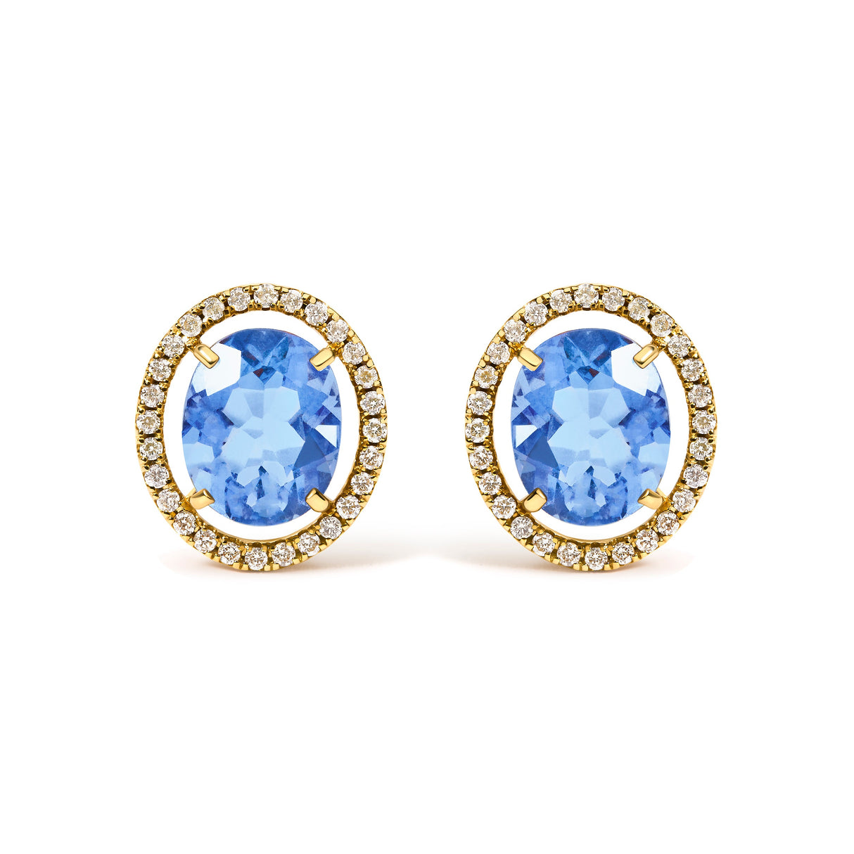 18K Yellow Gold 8X10 MM Blue Fluorite Oval and 1/2 Cttw Diamond Halo Stud Earrings