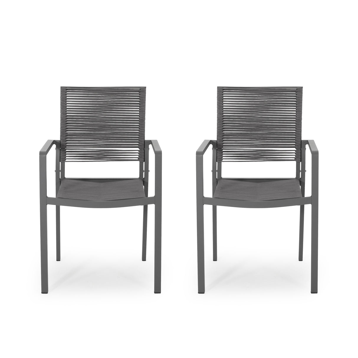 Outdoor modern aluminum dining chair with rope seat (set of 2), gray and dark gray