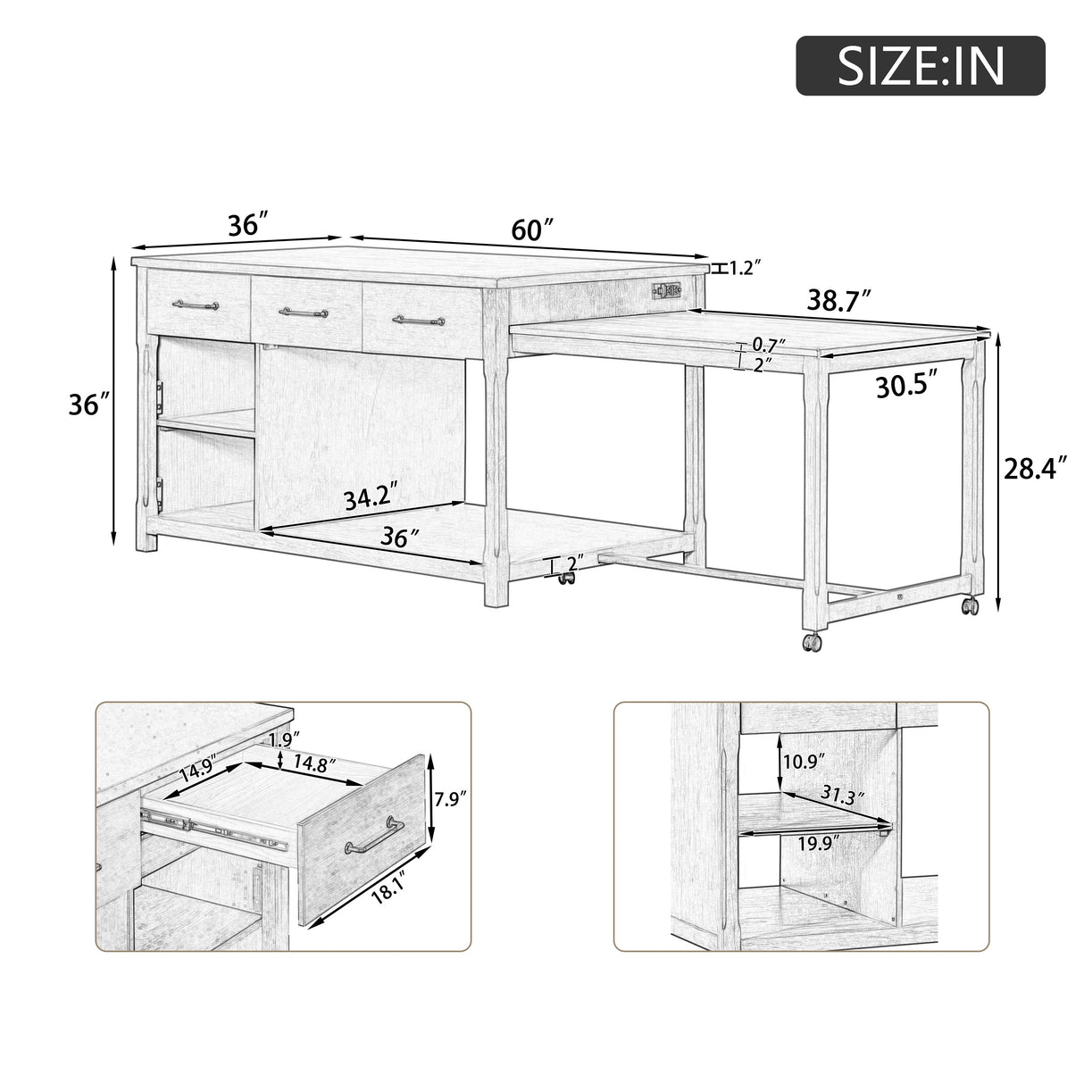TREXM Extendable Kitchen Island with Storage