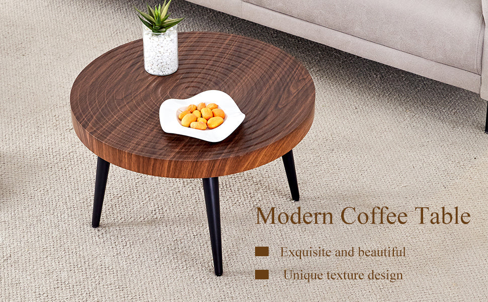 Modern Round Coffee Table - Walnut Pattern MDF And Black Metal Legs