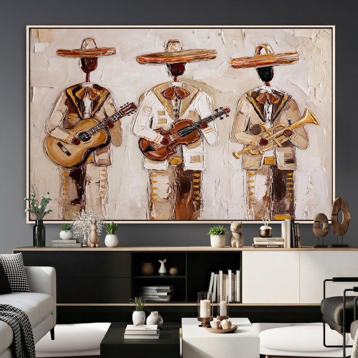 Mariachi Band Canvas Wall Art, Mexican Music Guitar Violin Trumpet Painting, Neutral Impasto Folk Art, Southwestern Boho Living Room Decor