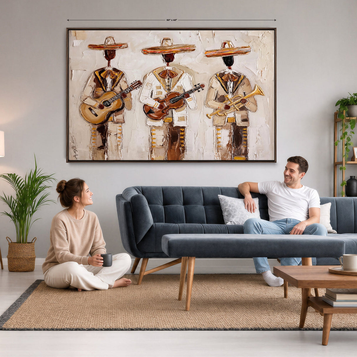 Mariachi Band Canvas Wall Art, Mexican Music Guitar Violin Trumpet Painting, Neutral Impasto Folk Art, Southwestern Boho Living Room Decor