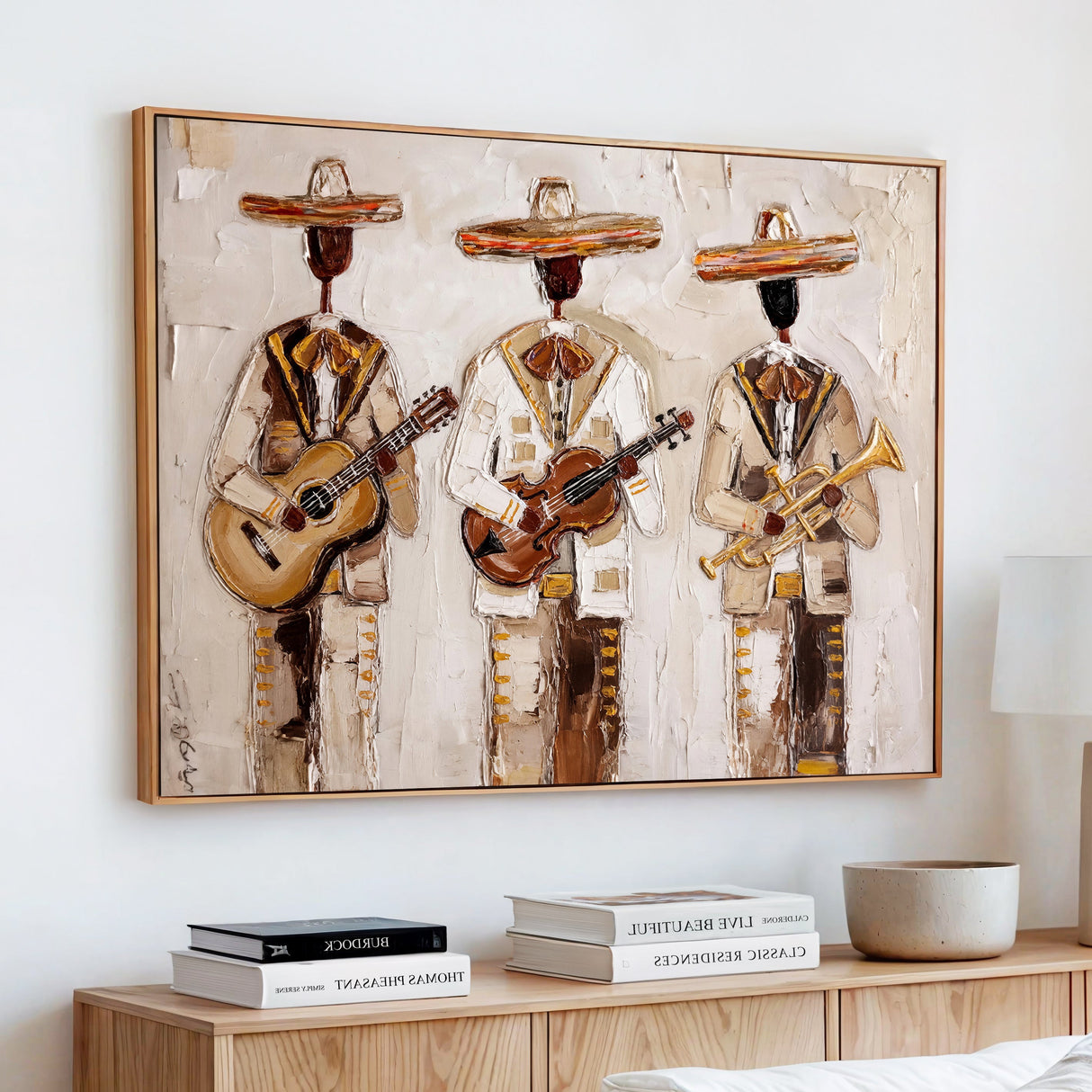Mariachi Band Canvas Wall Art, Mexican Music Guitar Violin Trumpet Painting, Neutral Impasto Folk Art, Southwestern Boho Living Room Decor