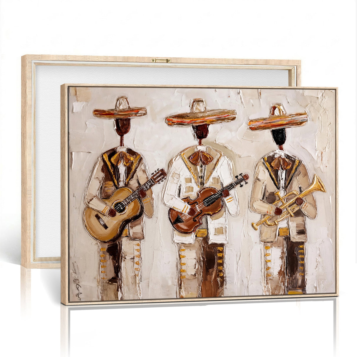Mariachi Band Canvas Wall Art, Mexican Music Guitar Violin Trumpet Painting, Neutral Impasto Folk Art, Southwestern Boho Living Room Decor
