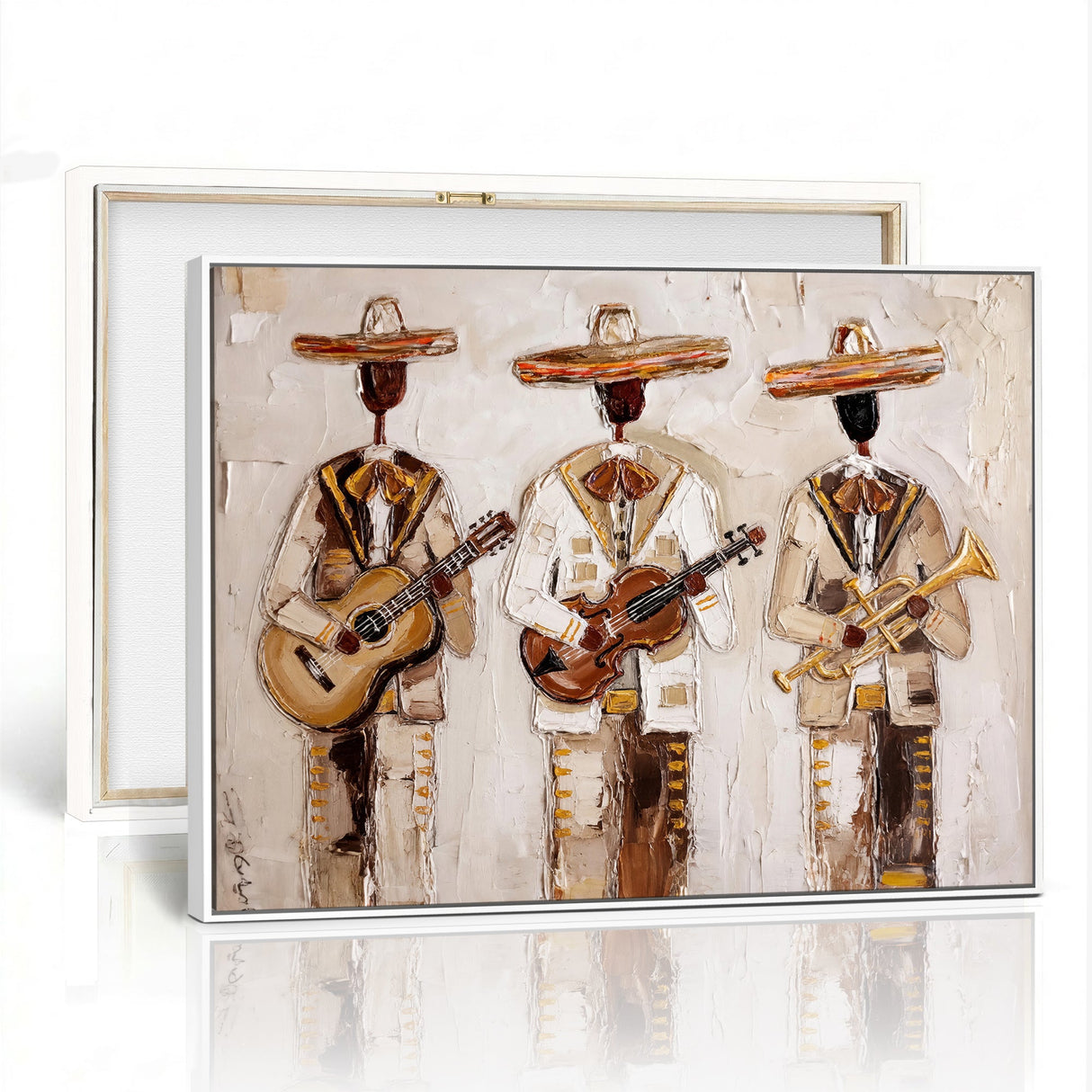 Mariachi Band Canvas Wall Art, Mexican Music Guitar Violin Trumpet Painting, Neutral Impasto Folk Art, Southwestern Boho Living Room Decor