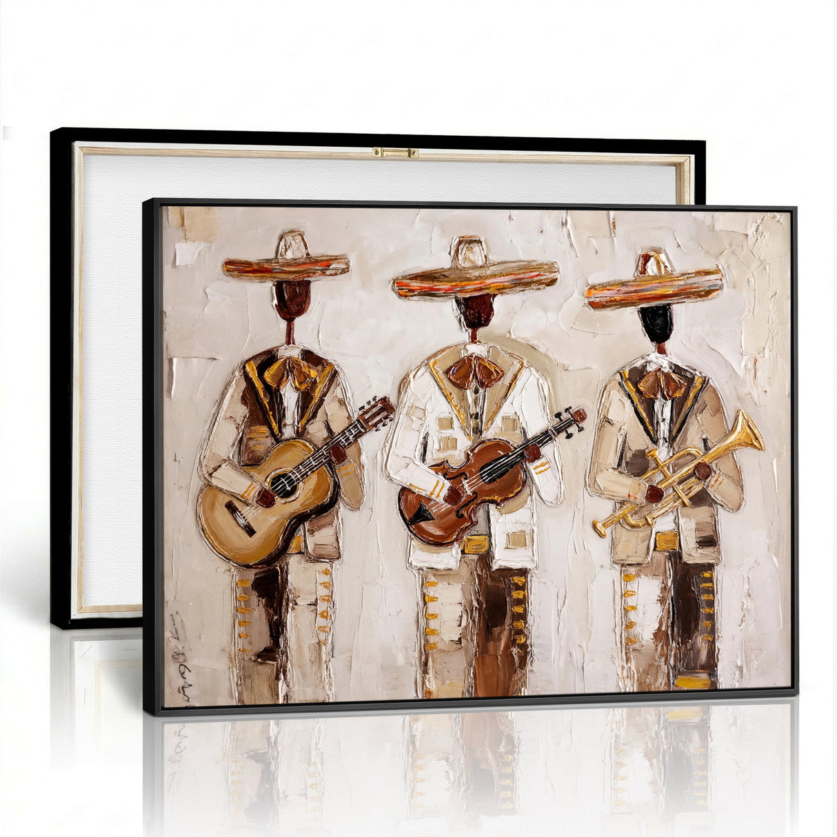 Mariachi Band Canvas Wall Art, Mexican Music Guitar Violin Trumpet Painting, Neutral Impasto Folk Art, Southwestern Boho Living Room Decor