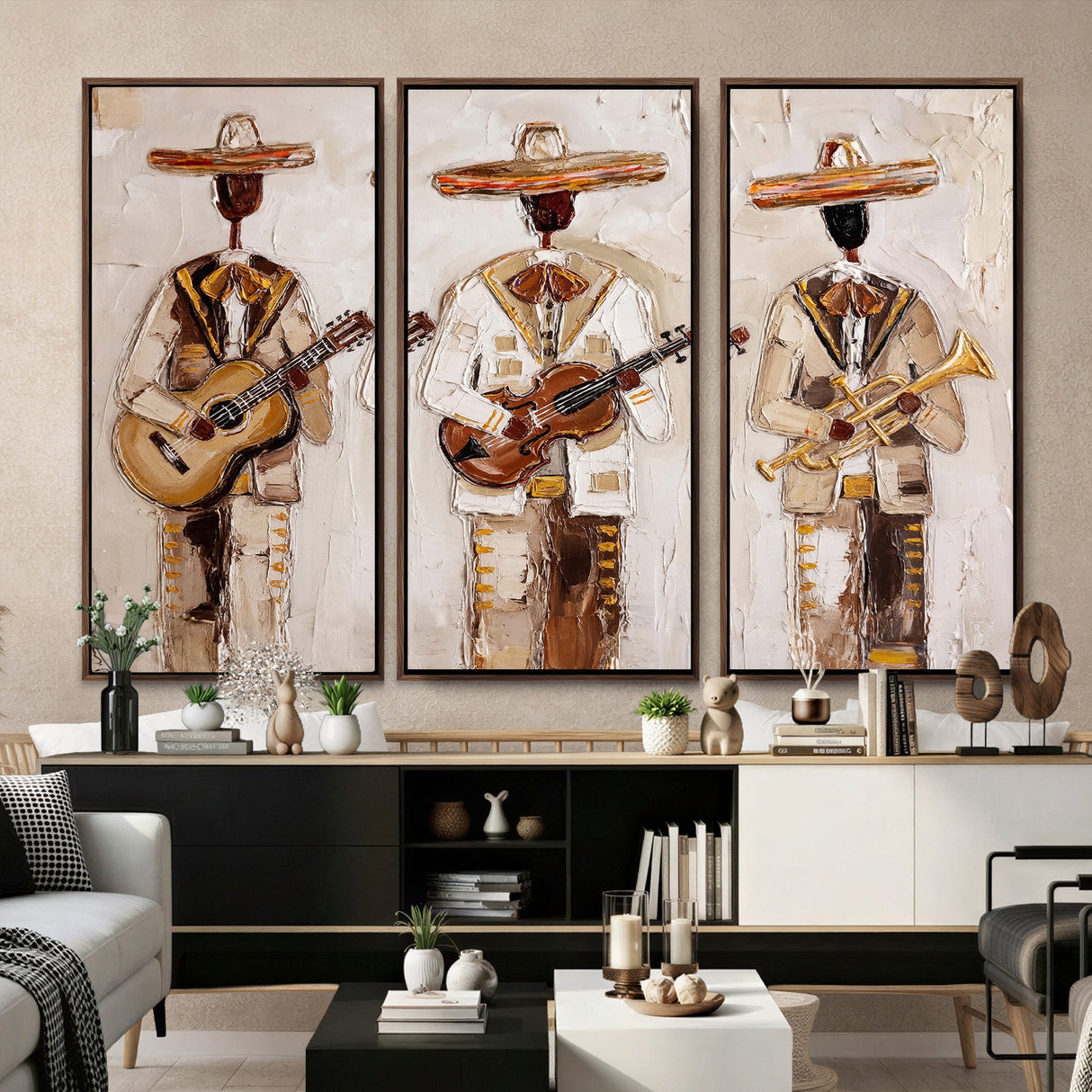 Mariachi Band Canvas Wall Art, Mexican Music Guitar Violin Trumpet Painting, Neutral Impasto Folk Art, Southwestern Boho Living Room Decor